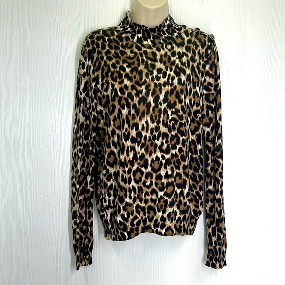 J Crew - Cheetah Animal Print Mock Neck Button Shoulder Lightweight Sweater Med - Picture 1 of 12